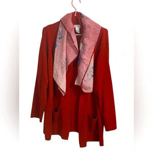 Dress Barn rust colored sweater w pockets paired with Vintage Gim Renoir scarf